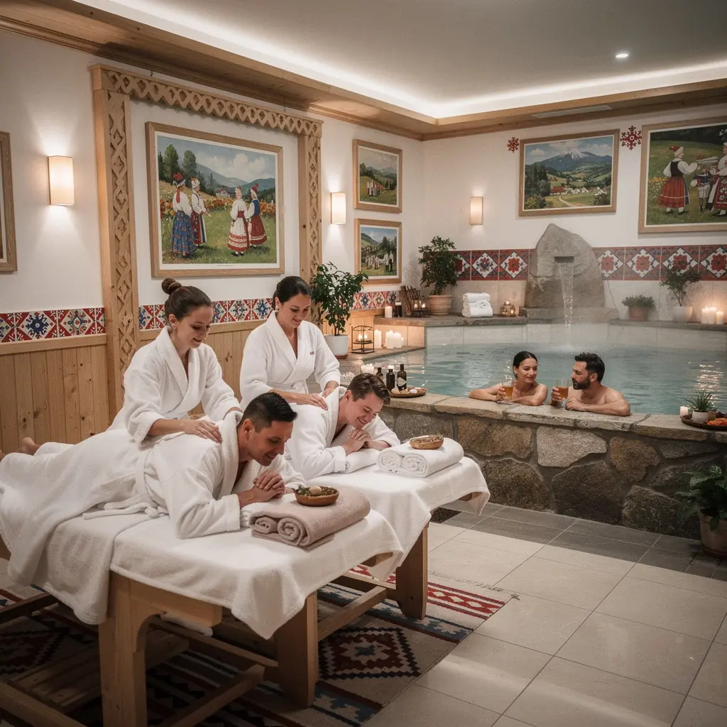 Visitors enjoying a rejuvenating soak in a natural hot spring, surrounded by picturesque landscapes.