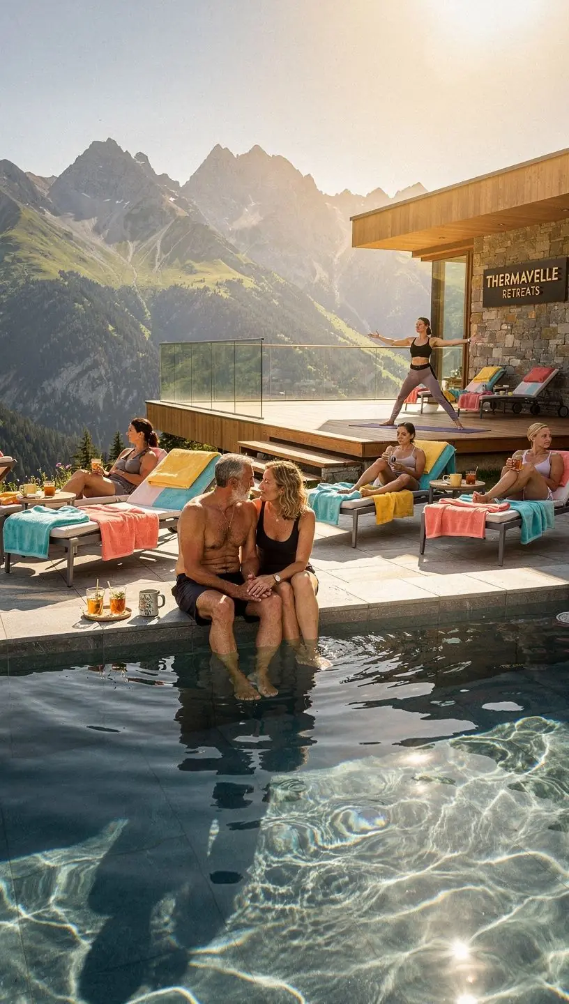 A group of people participating in a yoga class outdoors, with a backdrop of Slovakia's beautiful hills.