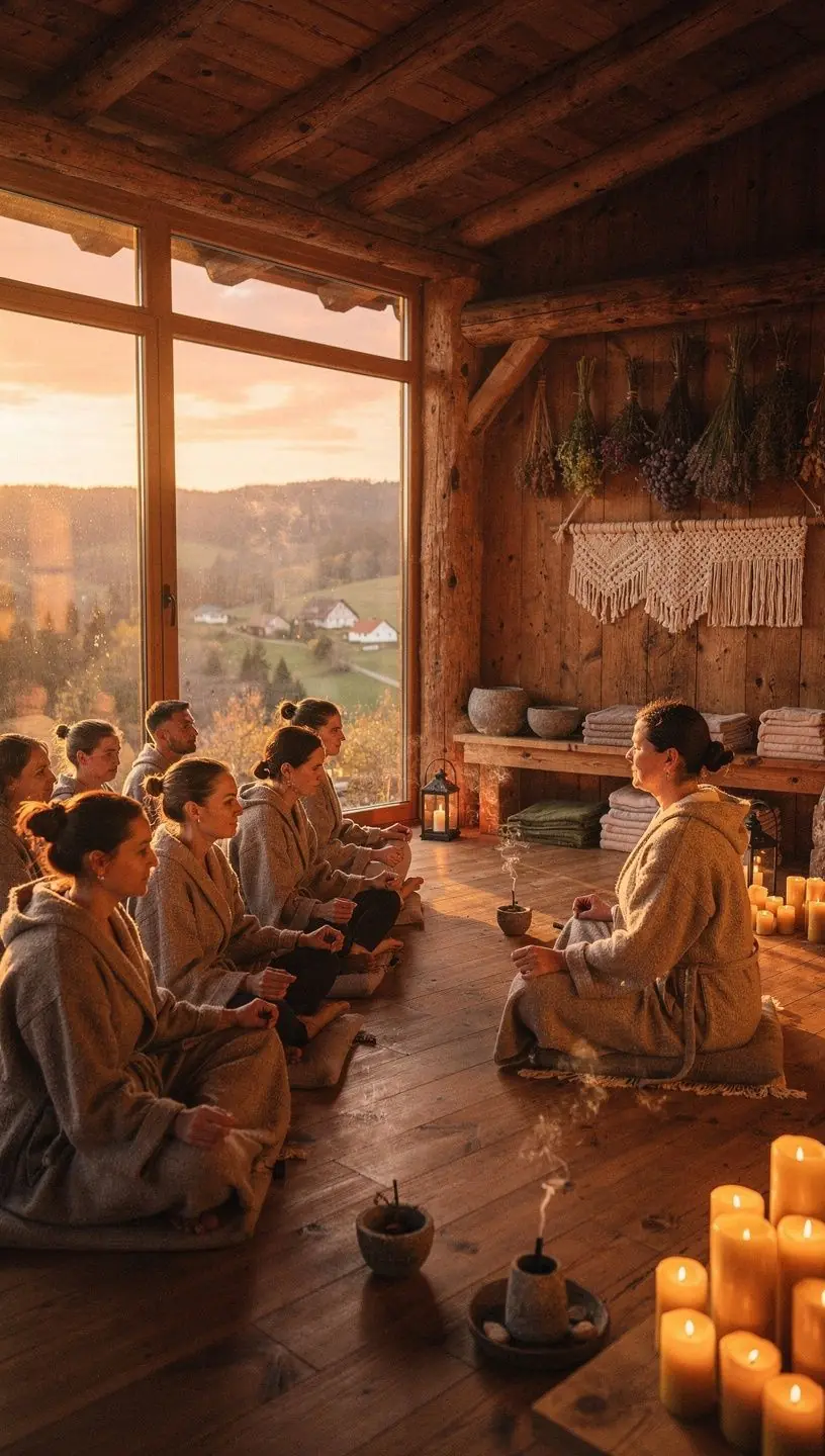 An array of spa products and herbal remedies displayed on a wooden table in a wellness resort.
